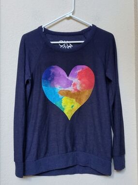 Chaser Navy Sweatshirt with Multicolor Watercolor Heart.  Size Medium